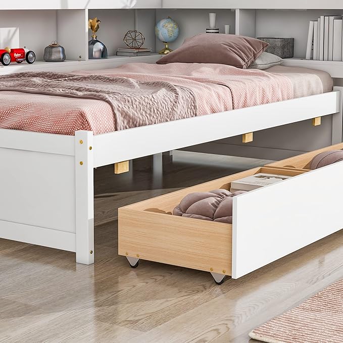 Twin Size Platform 2 Storage Drawers and L-Shaped Bookcases, Wooden Captain Bed Daybed Frame with Headboard for Bedroom, Living Room, White - LeafyLoom