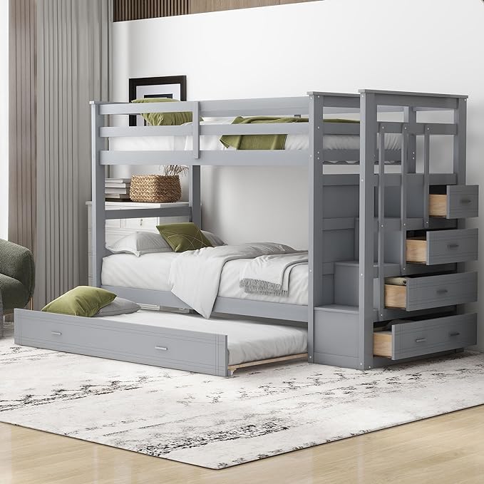 Twin Over Twin Bunk Bed with Stairs, 4 Storage Drawers and Trundle, Wooden Bunkbeds with Staircase and Full-Length Guardrails, for Kids/Teens Bedroom, Gray - LeafyLoom