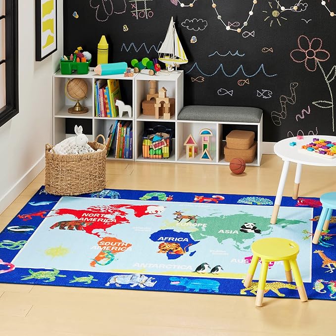 Eric Carle Elementary World Map Kids Machine Washable Area Rug Blue/Red, 35"x51" - LeafyLoom