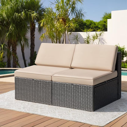 Greesum 2 Piece Patio Conversation Set Wicker Rattan Furniture Outdoor Sofa with Cushions,Pillows and Glass Table for Porch,Lawn and Yard, Beige - LeafyLoom