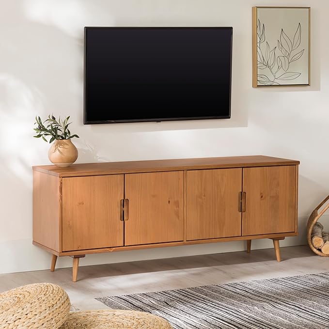 Walker Edison Genia Mid-Century Modern Solid Wood Stand for TVs up to 65 Inches, Caramel - LeafyLoom