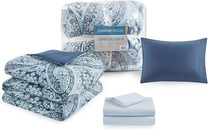 Comfort Spaces Bed in A Bag - Trendy Casual Design Cozy Comforter with Complete Sheet Set with Side Pocket, All Season Cover, Matching Shams, Twin(66"x90"), Gloria, Damask Blue 6 Piece - LeafyLoom