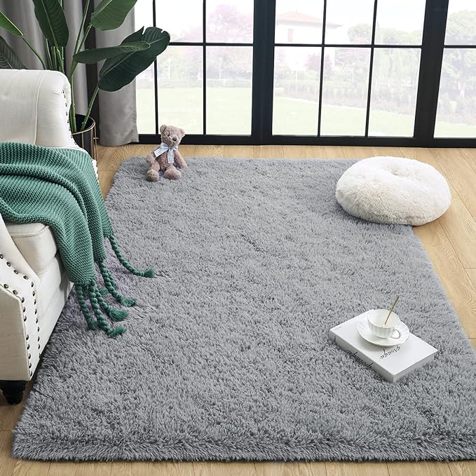 Super Soft Fluffy Shaggy Rugs 4x5.9 Feet for Living Room Bedroom, Fuzzy Plush Area Rugs for Girls Kids Room Nursery Home Decor, Furry Dorm Throw Rug Cute Non-Slip Indoor Floor Carpet, Grey - LeafyLoom