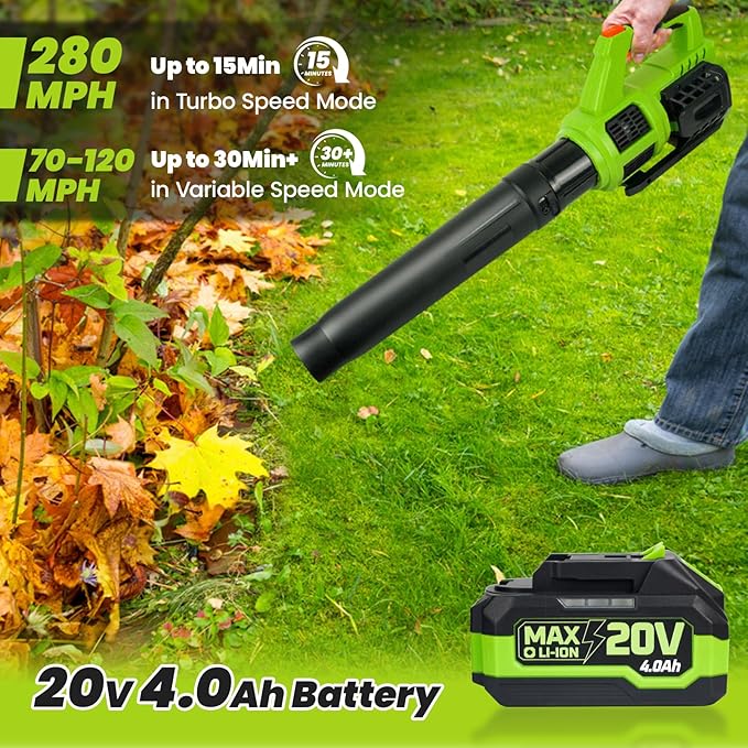 HARDELL Cordless Leaf Blower, 20V Electric Leaf Blower with 4.0Ah Battery and Charger, 280MPH/400CFM High Speed Leaf Blowers for Lawn Care, Blowing Leaves, Dust and Snow - LeafyLoom