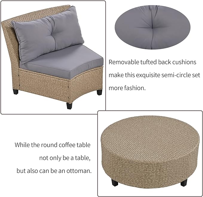 9 Pieces Outdoor Furniture Half Moon Wicker Patio Sets with Coffee Table, All-Weather Fan-Shaped Curved Sectional Sofa Couch with Gray Cushions, Onesize, Brown Rattan - LeafyLoom