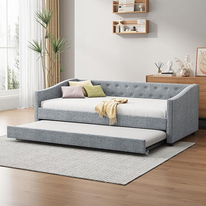 Twin Size Upholstered Daybed with Twin-Size Trundle,Elegant Wood Bed Frame w/Button Tufted Back and Waved Shape Arms & Nailhead,Slat Support,Sofa Bed for Apartment,Bedroom,Light Grey - LeafyLoom