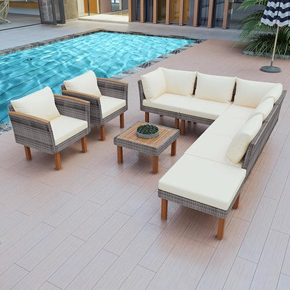 Merax Outdoor Patio Furniture Sets, Free Combination Wicker Sofa, 9-Piece, Rattan w/Wood Tabletop & Legs, Beige - LeafyLoom