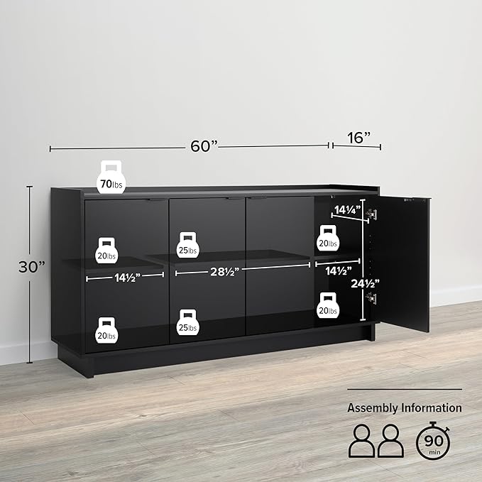 Prepac Simply Modern 4 Console Table Doors and Shelves, Sideboard Storage Cabinet, 60" W x 30" H x 16" D, Black - LeafyLoom