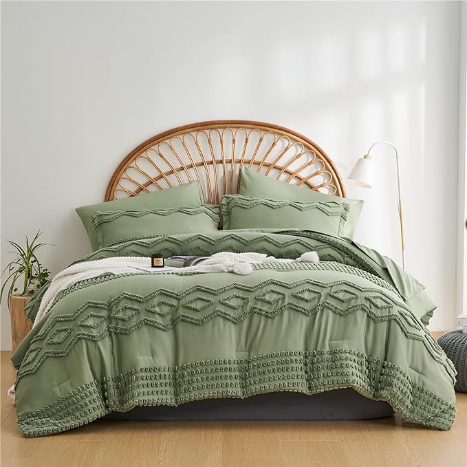 Sage Green Tufted Comforter Set King Size 7 Piece Bed in a Bag, Shabby Chic Boho Comforter and Sheet Set, Pom Pom Textured Bed Set, All Season Soft Microfiber Complete Bedding Set(Green,King) - LeafyLoom