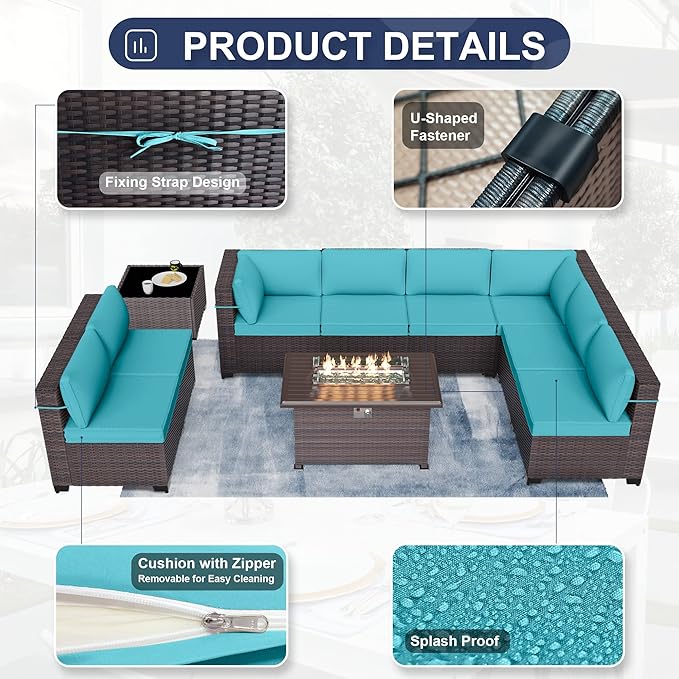 Patio Furniture Sectional Sofa Set 10-Pieces PE Rattan Patio Conversation Set w/43in Gas Fire Pit Table, Outdoor Furniture with 55000 BTU Propane Fire Pit, Blue - LeafyLoom