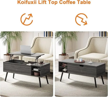 Lift Top Coffee Table with Storage - Grey Coffee Table with Lifting Top - Dark Gray Coffee Table Wood - Rectangle Coffee Tables That Lifts up for Living Room - LeafyLoom