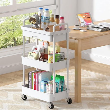 3-Tier Rolling Cart，Trolley with Drawer, Multifunctional Storage Organizer with Plastic Shelf & Metal Wheels, Kitchen Storage Cart for Living Room, Kitchen, Office, Bathroom, White - LeafyLoom