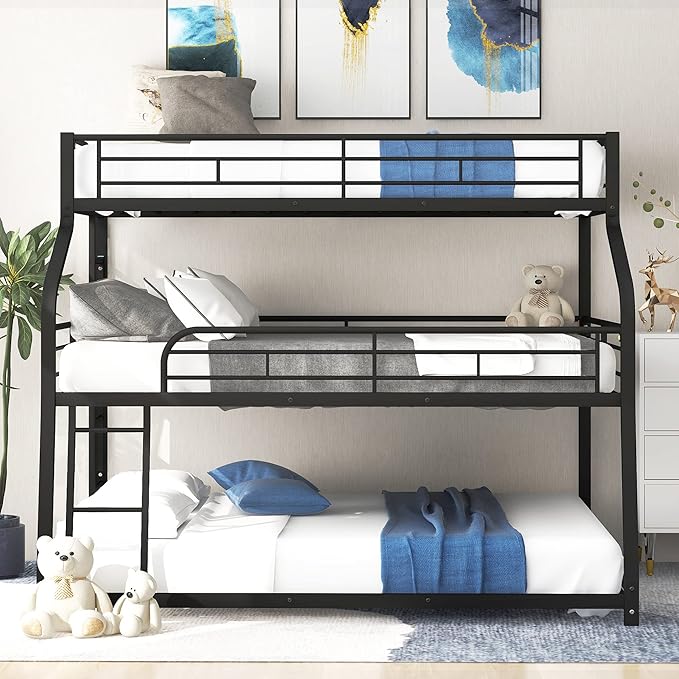 Twin XL/Full XL/Queen Triple Bunk Bed with Long and Short Ladder and Full-Length Guardrails,Metal Bed-Frame for Bedroom/Living Room/Apartment,Guest-Room,Black - LeafyLoom