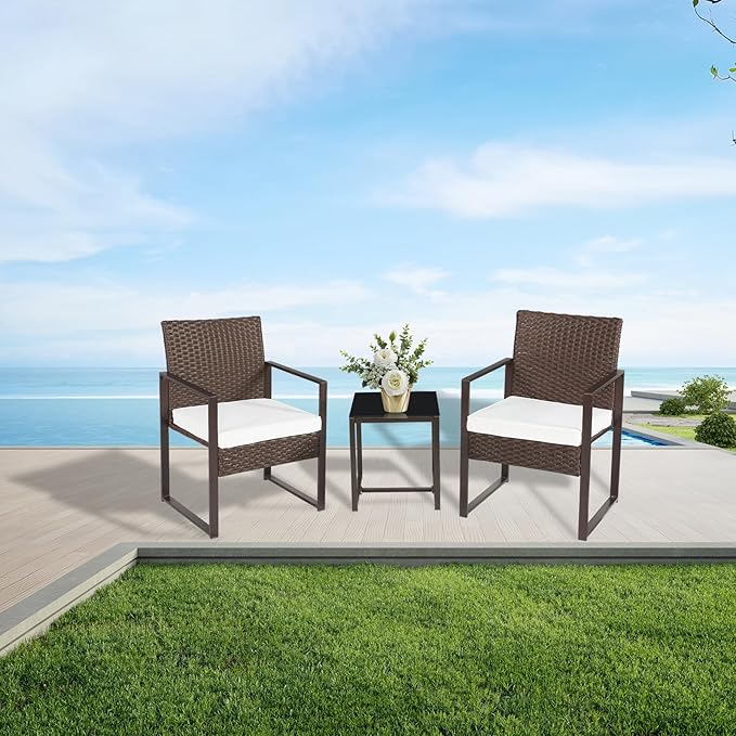 3 Pieces Patio Furniture Set Outdoor Wicker Bistro set Rattan Chair Conversation Sets with Coffee Table for Porch, Balcony,Garden,Backyard and Removable Cushions Beige - LeafyLoom