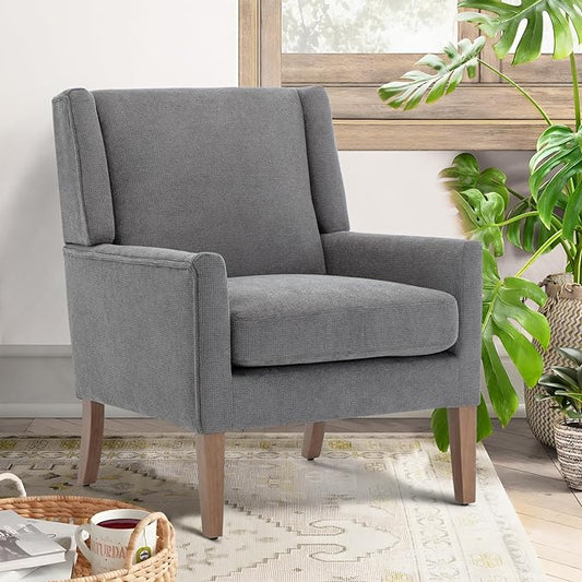 COLAMY Modern Wingback Living Room Chair, Upholstered Fabric Accent Armchair, Single Sofa chair with Lounge Seat and Wood Legs for Bedroom/Office/Reading Spaces, Gery - LeafyLoom