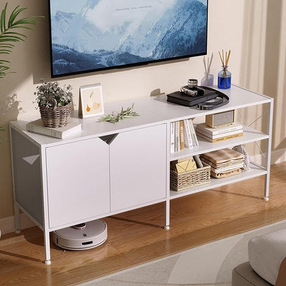 White TV Stand with Storage - Television Stands for Living Room, 50 Inch TV Table for 32 40 55 65 Inch TV, TV Consle for Bedroom, White - LeafyLoom