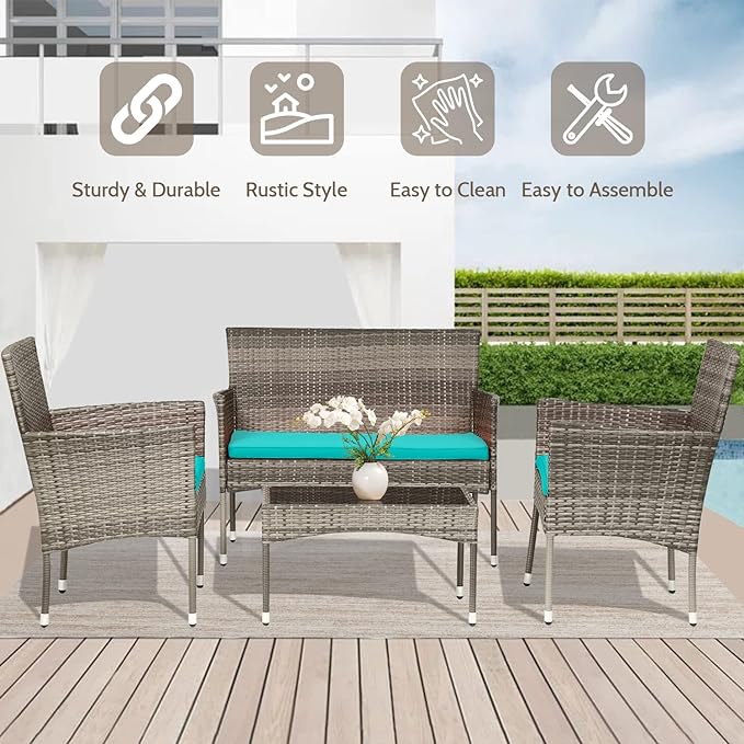 FDW Patio Conversation Set 4 Pieces Outdoor Furniture Set Wicker with Rattan Chair Loveseats Coffee Table for Outdoor Indoor Garden Backyard Porch Poolside Balcony,Gray Wicker/Blue Cushions - LeafyLoom