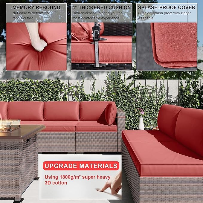 Kullavik 13 Pieces Outdoor Patio Furniture Set with 43" 55000BTU Gas Propane Fire Pit Table PE Wicker Rattan Sectional Sofa Patio Conversation Sets,Red - LeafyLoom