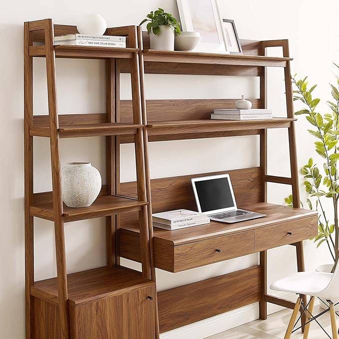 Modway 2-Piece Home Office Desk and Bookshelf Display Case in Walnut - LeafyLoom