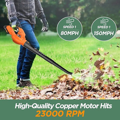 Cordless Leaf Blower, 150Mph Handheld Electric Leaf Blowers with 2.0Ah Battery & Fast Charger, 2 Speed Mode, 20V Battery Powered Leaf Blowers for Cleaning Patio, Yard, Sidewalk - LeafyLoom