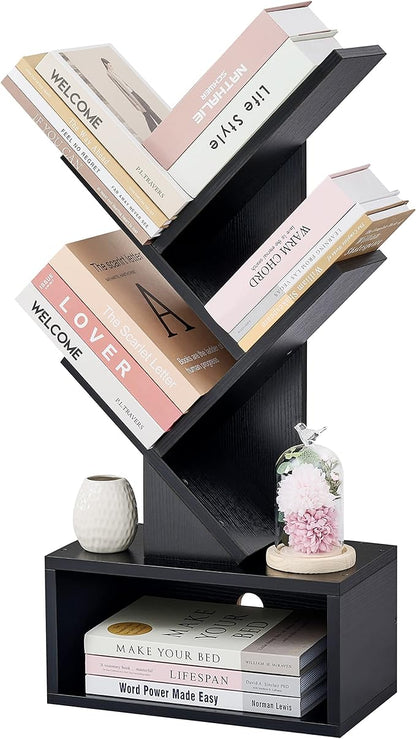 Hoctieon 3 Tier Tree Bookshelf, Small Bookcase with Drawer, Desktop Book Shelf, Display Floor Standing Storage Shelf, Book Organizer Shelves for Home Office, Black - LeafyLoom