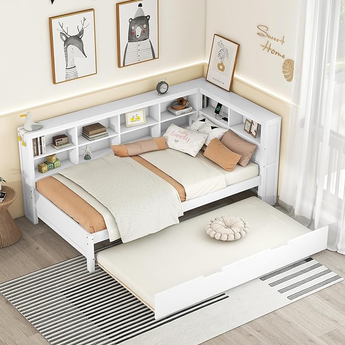 Wooden Twin Size DayBed with L-Shaped Bookcase Headboard and Trundle, Wood Twin Day Bed Frame with Storage Shelf and USB Charging Ports for Living Room Bedroom, White - LeafyLoom