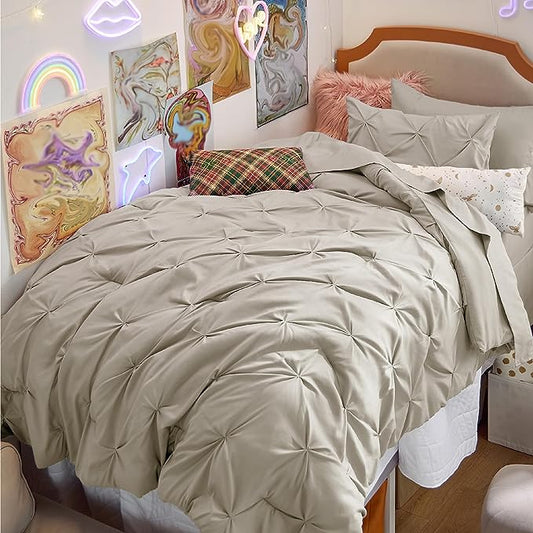 Bedsure Twin Size Comforter Sets - 5 Pieces Pintuck Bed Set Twin Size, Beige Twin Size Bed in a Bag with Comforter, Sheets, Pillowcase & Sham - LeafyLoom