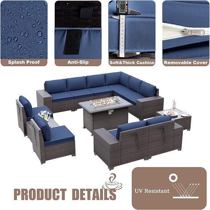 13PCS Patio Furniture Sectional Sofa Set PE Rattan Patio Conversation Set w/43in Gas Fire Pit Table, Outdoor Furniture with 55000 BTU Propane Fire Pit, Navy Blue - LeafyLoom