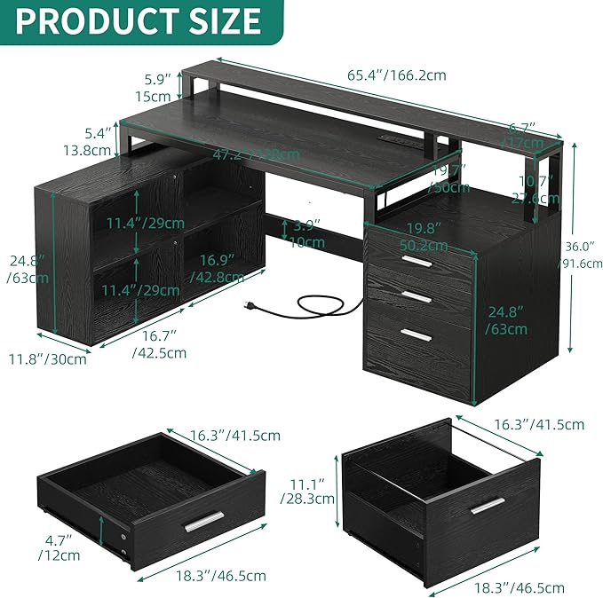 YITAHOME L Shaped Desk with 3 Drawers, 65" Corner Computer Desk with Power Outlets & LED Lights, L-Shaped Desk with File Cabinet & Printer Stand for Home Office, Black - LeafyLoom