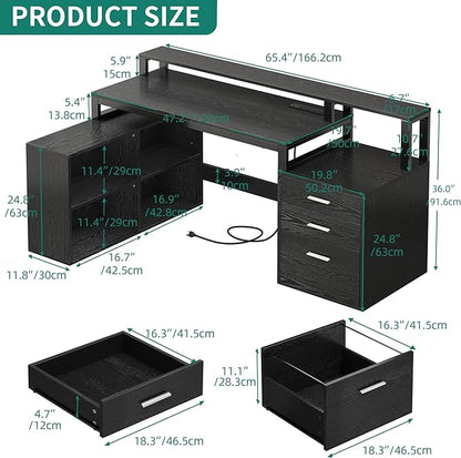 DWVO L Shaped Desk with Power Outlets & LED Lights, 65" Computer Desk with Drawers, Corner Desk Office Desk with File Cabinet & Printer Stand, Black - LeafyLoom