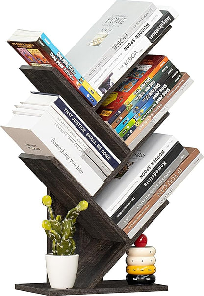 5 Tier Tree Book Shelf, Small Desktop Bookshelf with Storage Organizer, Wood Bookcase, Desk Display Bookshelves, Floor Standing Organizer Bookcases for Living Room,Bedroom,Office-Dark Grey - LeafyLoom