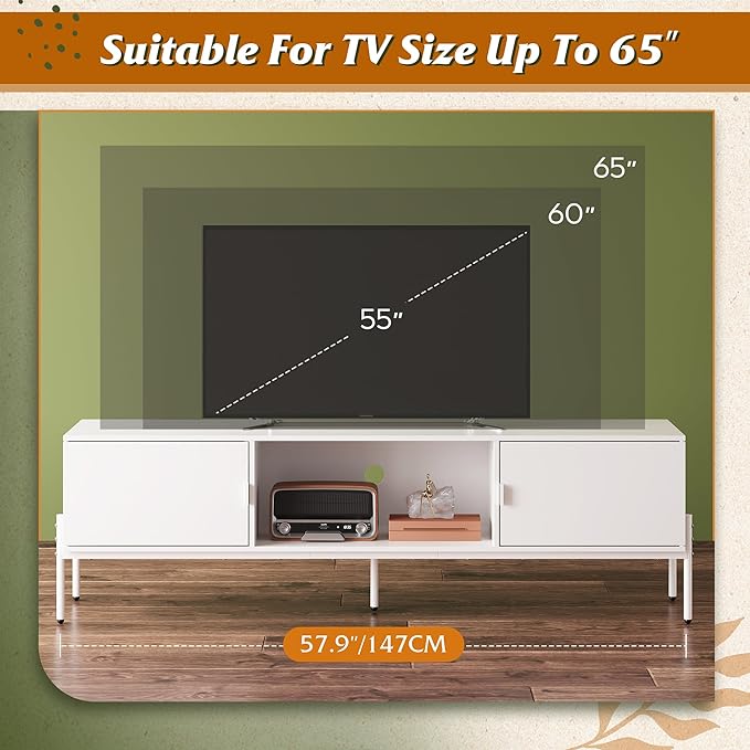 WLIVE Modern TV Stand for 65 Inch TV, Mid Century Entainment Center with Storage, TV Console with Open Shelf and 2 Cabinets for Bedroom and Living Room, TV Cabinet with Metal Legs, White - LeafyLoom