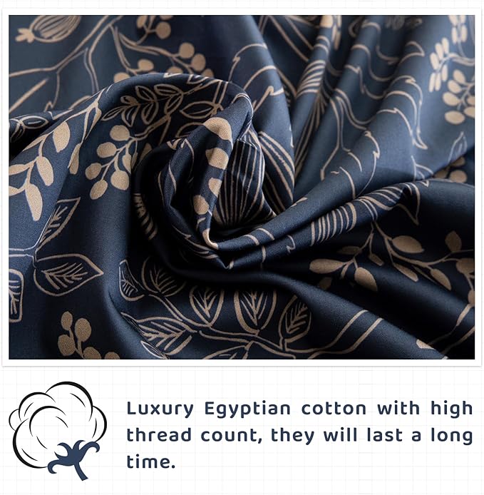 QSH Floral Egyptian Cotton Sheets Queen Size - Elegant Navy Botanical Pattern Printed Bedding Sheets Queen Size Bed Extra Soft and Breathable 4pcs Deep Pockets Bed Sheets - LeafyLoom