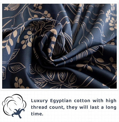 QSH Floral Egyptian Cotton Sheets Queen Size - Elegant Navy Botanical Pattern Printed Bedding Sheets Queen Size Bed Extra Soft and Breathable 4pcs Deep Pockets Bed Sheets - LeafyLoom