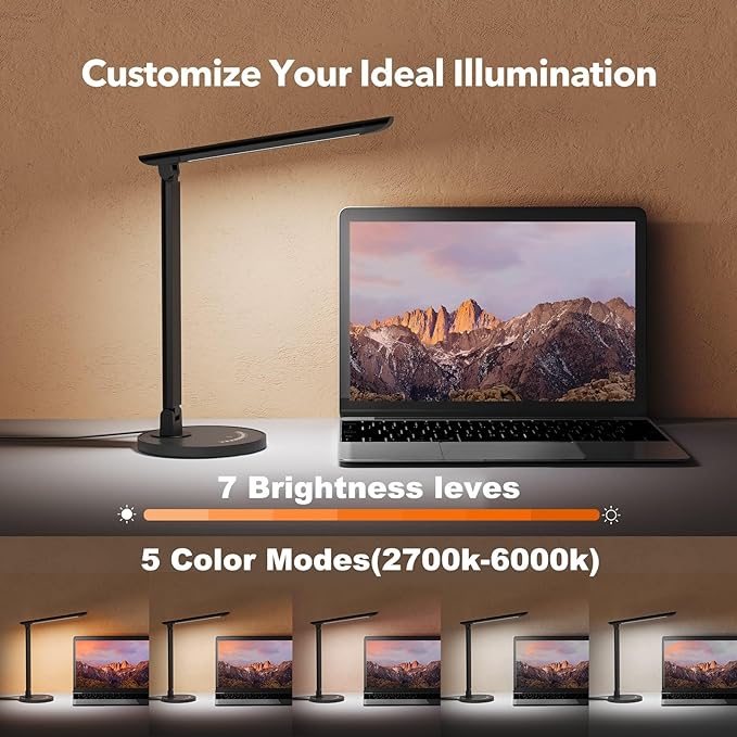 LED Desk Lamp, Metal Desk Light 12W 550lm, Dimmable Touch Control Lamp with USB Charging Port, Eye-Caring Desk Light with 5 Color Modes with 7 Brightness Levels, for Home, Office, School, Black - LeafyLoom