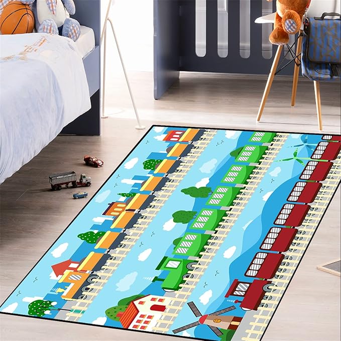 Train Rug Car Rug Play Mat Truck Rugs for Boys Room Kids Car Rug Truck Car Rug Car Carpet for Kids Kids Rugs for Playroom Car Rug for Boys Room,Light Blue 3'×4' - LeafyLoom