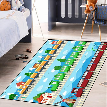 Train Rug Car Rug Play Mat Truck Rugs for Boys Room Kids Car Rug Truck Car Rug Car Carpet for Kids Kids Rugs for Playroom Car Rug for Boys Room,Light Blue 5'×7' - LeafyLoom