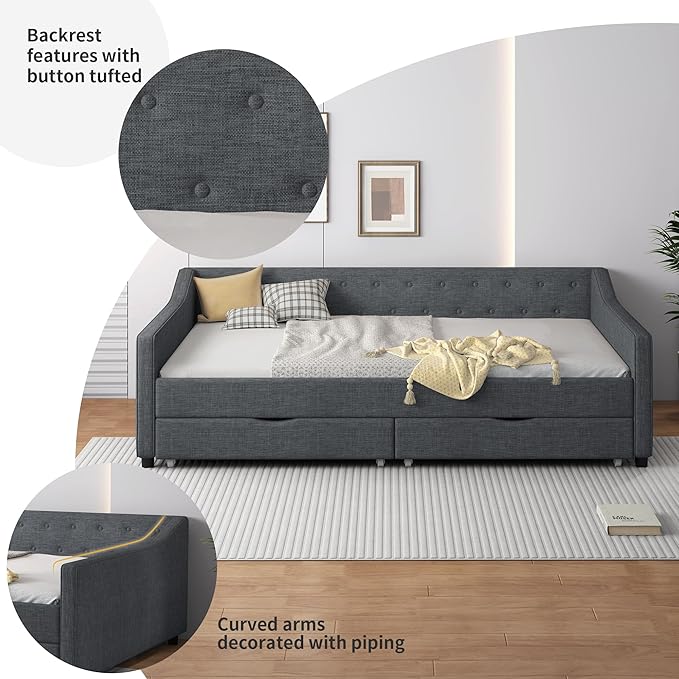 Full Size Upholstered Daybed with 2 Drawers,Wood Sofa Bed Frame W/Button Tufted Backrest and Waved Shape Arms,Slats Support,Linen Fabric Day Bed,for Bedroom,Living Room,Apartment,Dark Gray - LeafyLoom