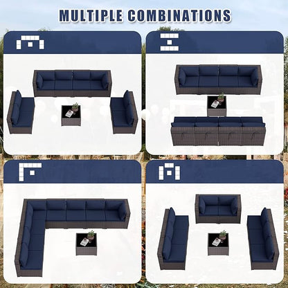 Patio Furniture Set 9-Pieces Outdoor Furniture for Backyard Wicker Sectional Sofa Set, Rattan Patio Conversation Set with Thickened Cushions and Glass Coffee Table, Navy Blue - LeafyLoom