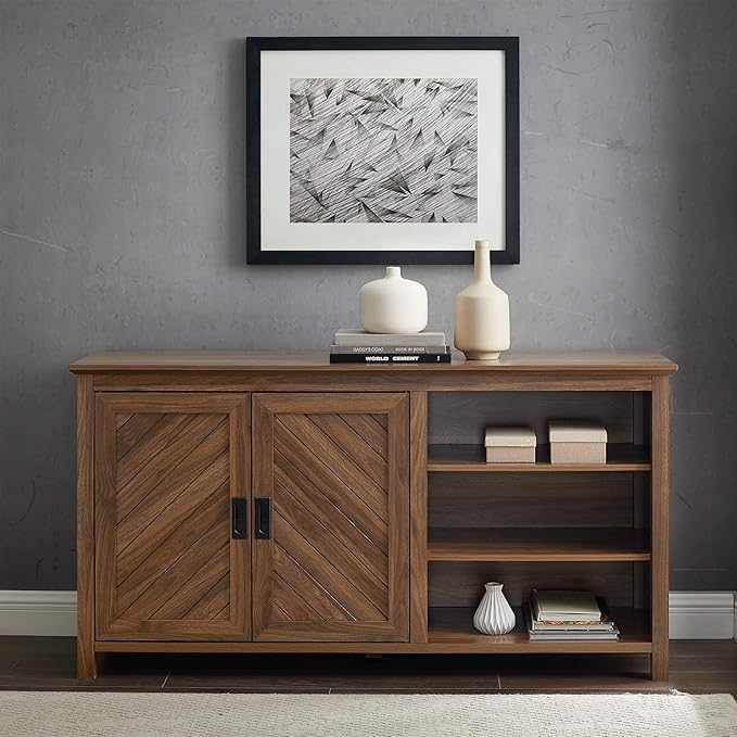 Walker Edison Modern Wood Grooved Buffet Sideboard with Open Storage-Entryway Serving Storage Cabinet Doors-Dining Room Console, 58 Inch, Dark Walnut - LeafyLoom