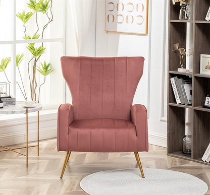 Armchair Modern Velvet Accent Chair, Channel Tufted Bedroom, Office or Living Room Furniture with Elegant Metal Legs, Rose - LeafyLoom