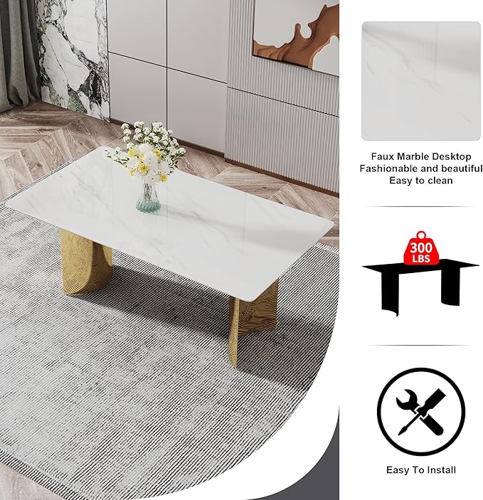 NicBex Modern Minimalist Dining Table The White Imitation Marble Glass Desktop is Equipped with Golden Metal Legs Suitable for Restaurants and Living Rooms, White - LeafyLoom