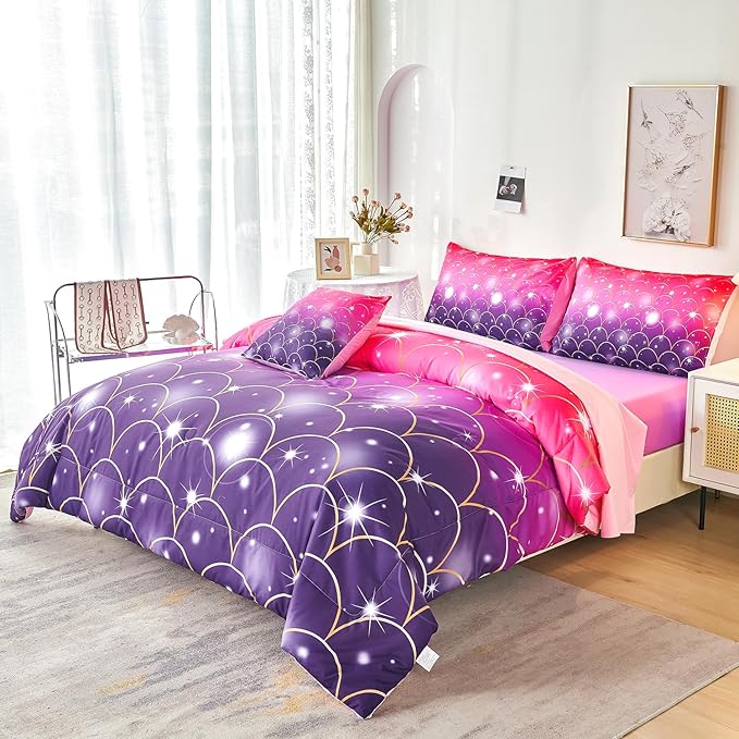 URBONUR Purple Glitter Comforter Set Queen Size for Girls 6 Piece Bed in A Bag Comforter with Sheets Set, Gradient Pink Purple Sparkle Mermaid Fish Scales Bedding Comforter Set - LeafyLoom