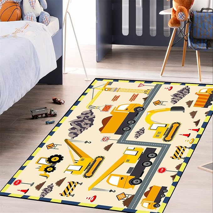 Construction Play Mat Car Rug Play Mat Construction Rugs for Boys Room Car Rug for Boys Room Construction Decor for Boys Room Playroom Rug for Livingroom 4'5''×6' - LeafyLoom