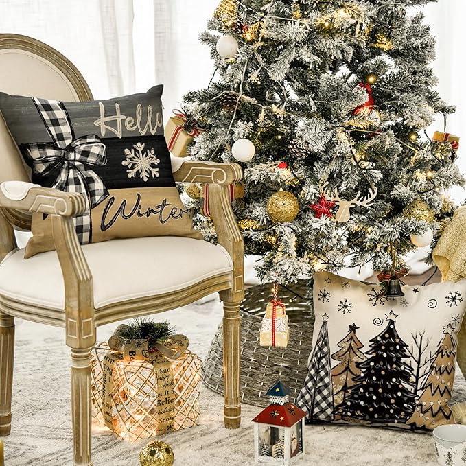 AVOIN colorlife Merry Christmas Joy Xmas Trees Brown Throw Pillow Covers, 18 x 18 Inch Christmas Winter Holiday Cushion Case Decoration for Sofa Couch Set of 4 AVOINcolorlife