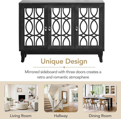 Multifunctional Sideboard with Glass, Vintage 3 Door Mirrored Buffet Cabinet,W/Silver Handle,Easy to Assemble,Console Table for Living Room Hallway Entryway,Black, 47.2" - LeafyLoom