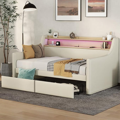 Twin Size Daybed with 2 Storage Drawers, Upholstered Daybed with Charging Station and LED Lights, Twin Size Day Bed Frame for Living Room, Bedroom, Beige - LeafyLoom