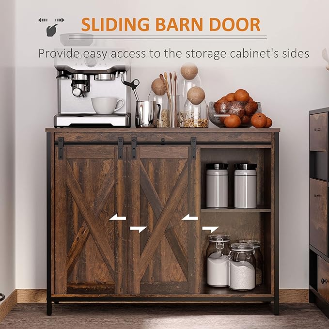 HOMCOM Industrial Farmhouse Buffet Cabinet, Kitchen Sideboard with Sliding Barn Doors, Three Drawers and Adjustable Shelves for Living Room, Rustic Brown - LeafyLoom