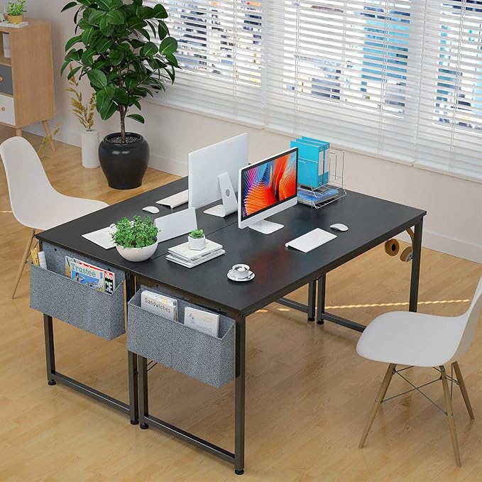 Foxemart Computer Desk 47" Office Desks Writing Study Desk Modern Simple PC Laptop Notebook Table with Storage Bag and Iron Hook for Home Office Workstation, Black - LeafyLoom