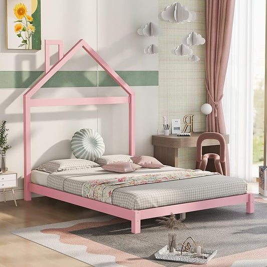 Jintop Full Size Wood Platform Chimney and House-Shaped Headboard,Bedroom Furniture Bed Frame W/ 10 Slat Support,Easy to Install,for Teens Kids Girls Boys,Pink - LeafyLoom